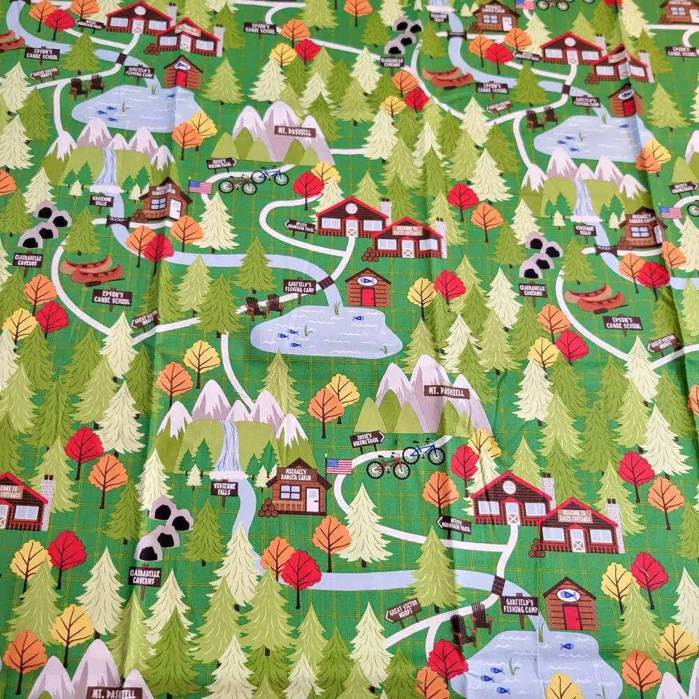 Cotton Fabric Green North Woods Cabins Trails Forest Campsite 24x44 Quilting